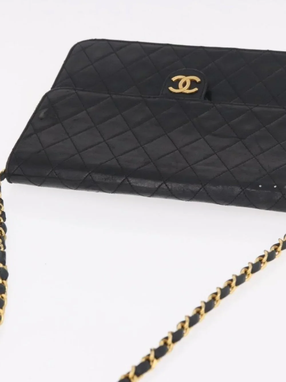 CHANEL Chain Shoulder Bag Lamb Skin Black Gold CC Auth 143810